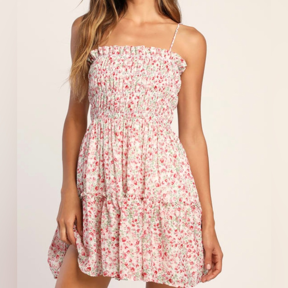 Lulus Petal Perfection Pink Floral Print smocked tiered mini dress, size XS